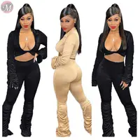 

9112025 lowest price pure color crop top heap sleeve heap trouser women fashion two piece sets