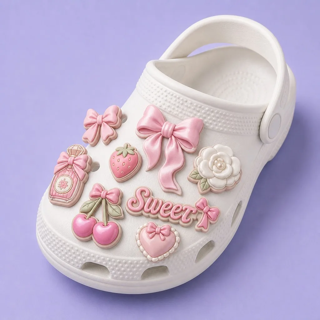 Single white clog at a three-quarter angle showing a packed bow, cherry, floral and word badge layout