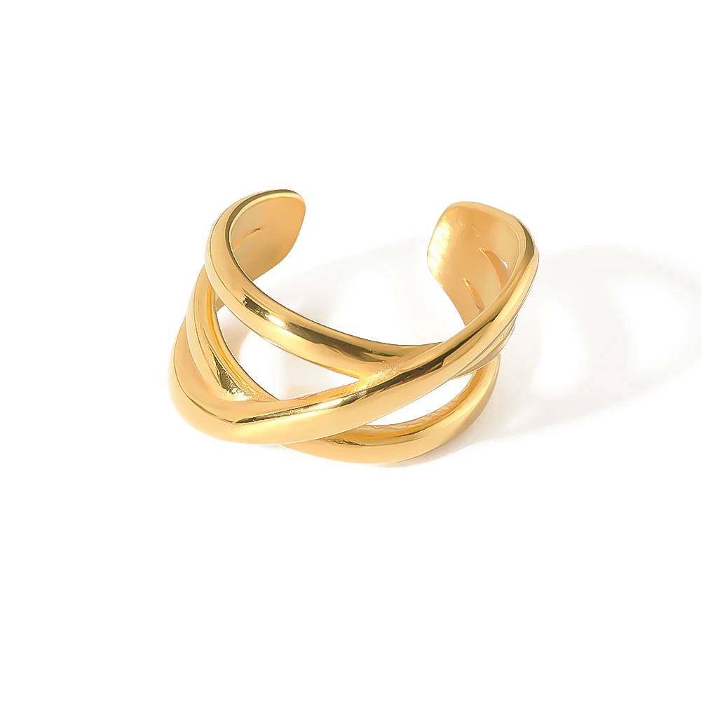 

Dainty Geometric 18k Pvd Gold Plated Stainless Steel Dome Three Lines Crossing Open Adjustable Rings
