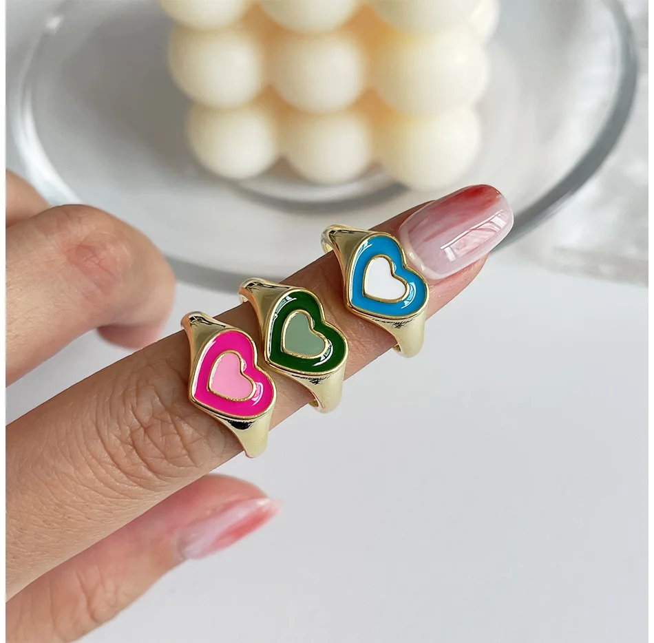 

Lovely Colorful Enameled Double Heart Shaped Band Rings Hot Sale Drop Oil Love Heart Open Rings