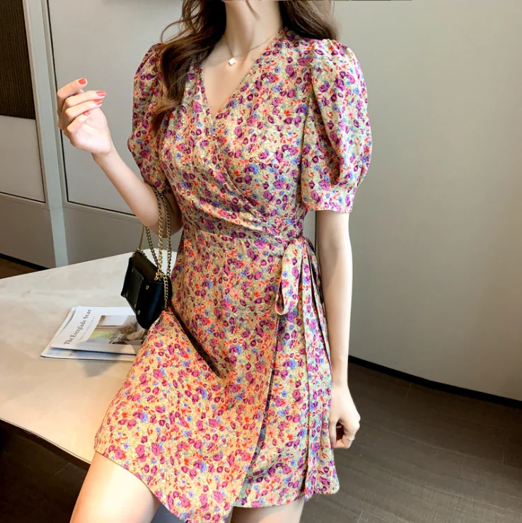 

New woman clothes short sleeve fashion v-neck Korean floral print summer dress