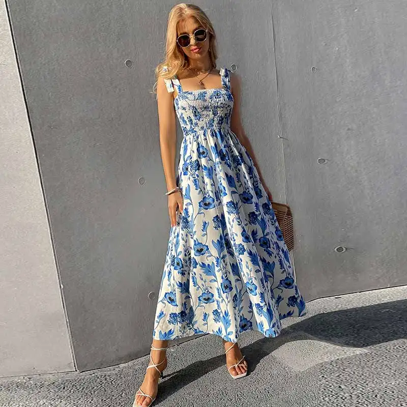 

2021 Turkey Lady Summer Casual Floral Long Dress Shirred Knot Boho Cami Maxi Dresses For women, Customized color