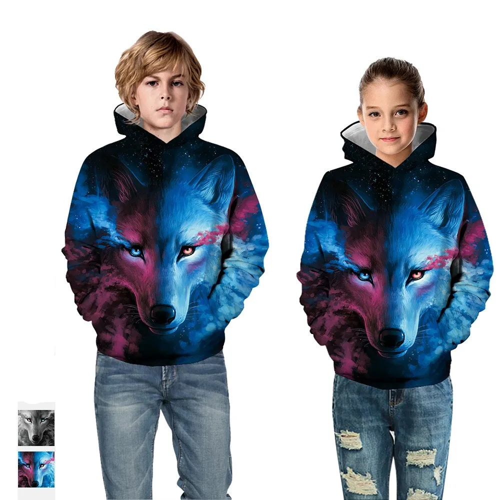 
Children Fleece Hoodie 3D Printed in wolf Pullover Novelty Hooded Sweatshirts 