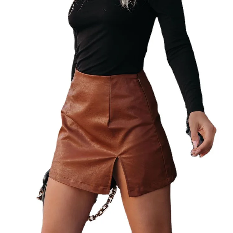 

JF Lace up Pencil Skirts Pencil Solid Streetwear Elegent Pencil Skirts Faux Leather Patchwork Wholesales Good Quality Leather PU