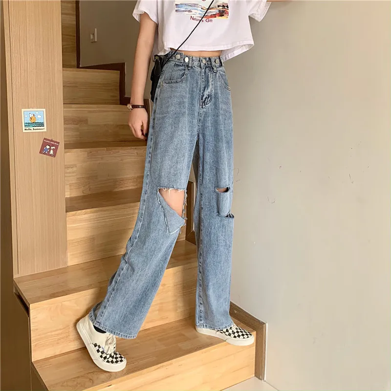 

Korean version of loose wide-leg pants spring and autumn women's trousers new2020 new high-waist ripped jeans women's thin and h