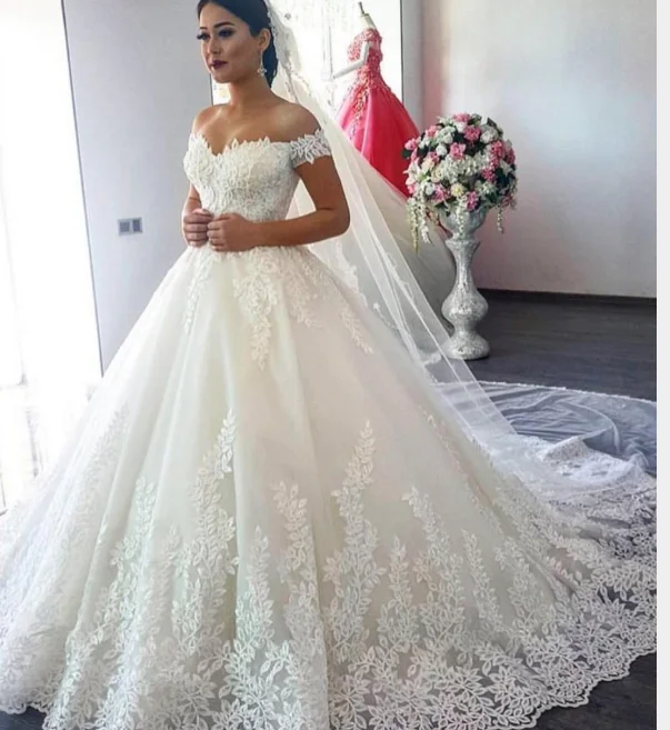 

2020 Off the Shoulder Vestido De Noiva Bridal Tulle Mariage Wedding Dress, White