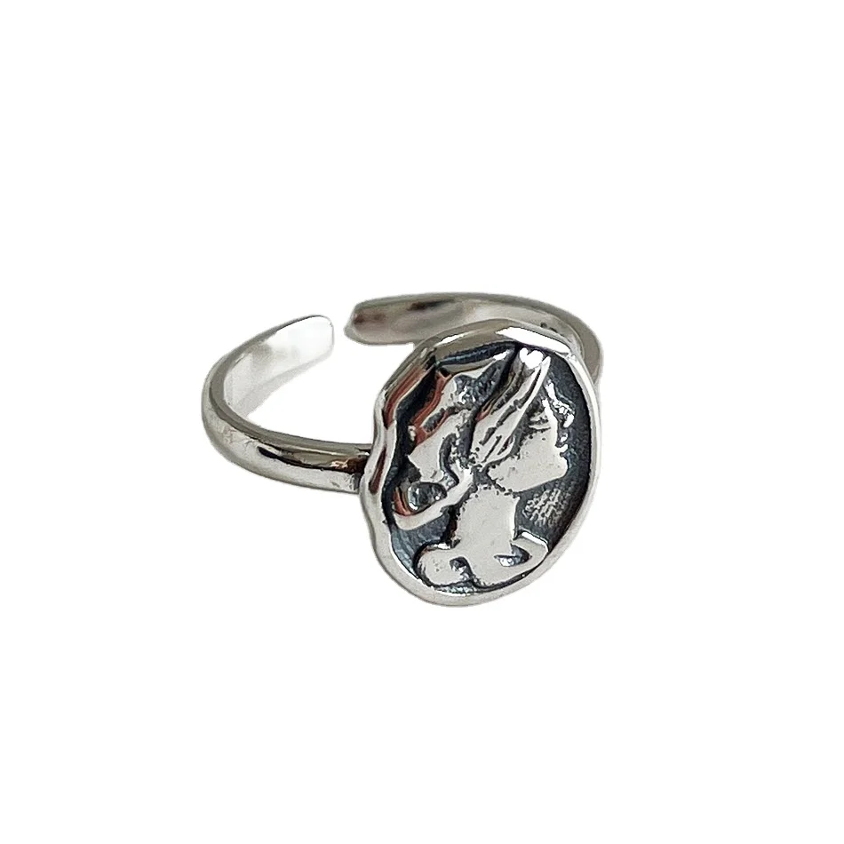 

New Design Fashion Joker Vintage Portraits Personality Adjustable Open Handmade Antique 925 Silver Rings