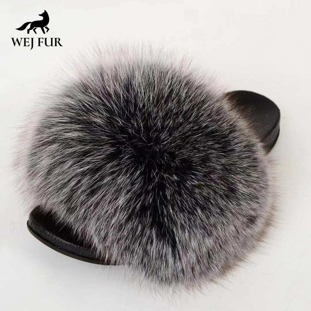 

High Quality Furry Warm Plush Raccoon Fur Slides Brown Grey Real Fluffy Fox Raccoon Fur Slipper for Women