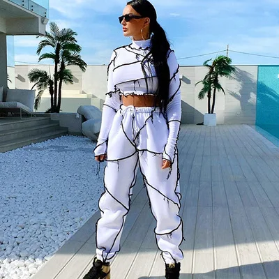 

hot sale two piece lace design long sleeve sexy young women sweat suit jogger pant two piece set