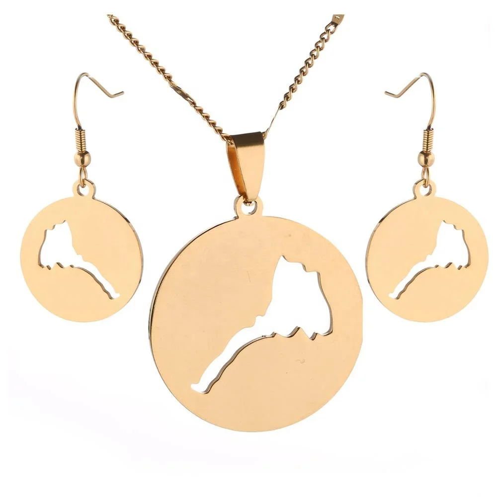 

Stainless Steel Gold Color Round Eritrea Map Pendants Necklaces Earrings Africa Jewelry Set