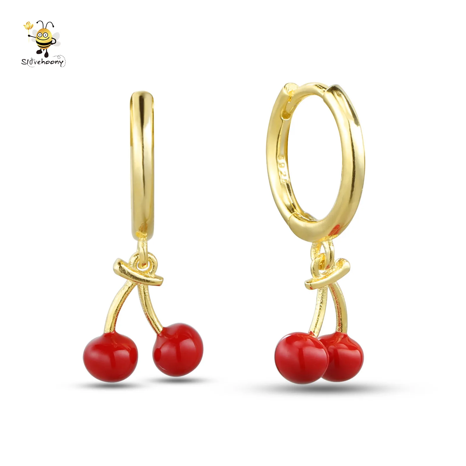 

Women Fashion Jewelry 925 Sterling Silver Enamel Fruit Huggies Hoop Drop Earrings With Red Cherry Dangle Charm, Silver/gold/rose/pink