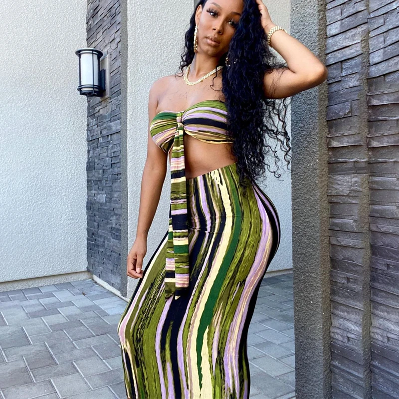 

Blingirl 2021 Summer Tie Dye Print Women 2 Pieces Lace Up Bandage Crop Top Skirt Set Bodycon Sexy Streetwear Party Club Outfits, Green