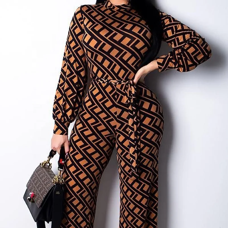 

2021 Cyalaa New summer printed lantern sleeve belt straight pants jumpsuit