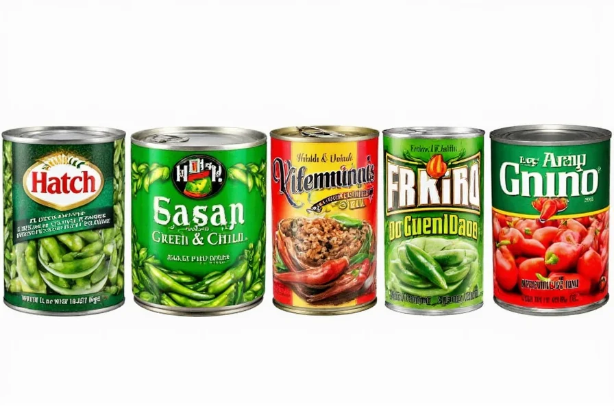 Various canned green chili products side by side for comparison including Hatch brand and alternatives
