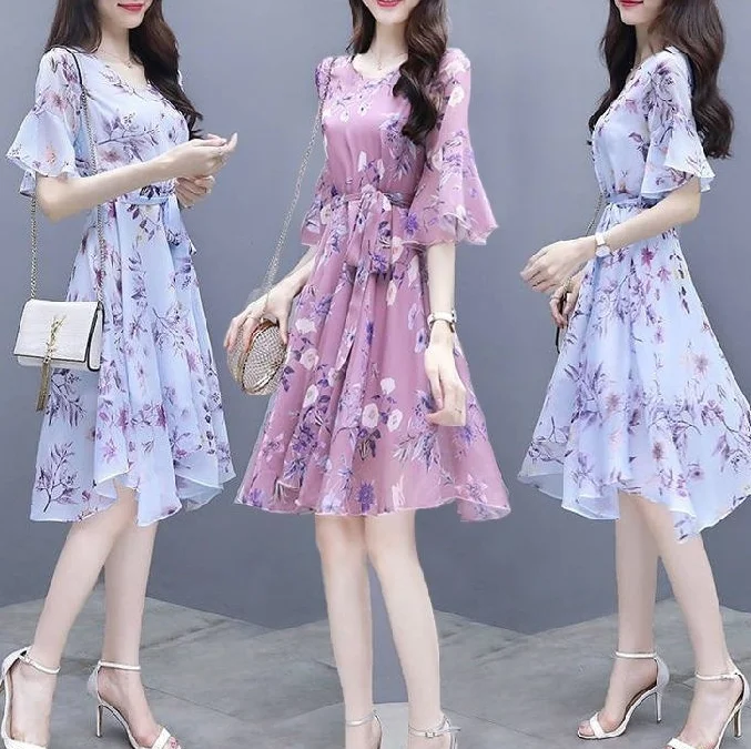 

Latest ladies dresses short sleeve summer fashion woman elegant chiffon floral print dress