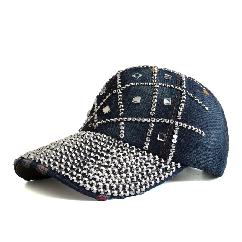 Wholesale Rhinestone Gorras Denim Baseball Cap 6 Panel Diamond Baseball Hat Cotton Sport Hat Women