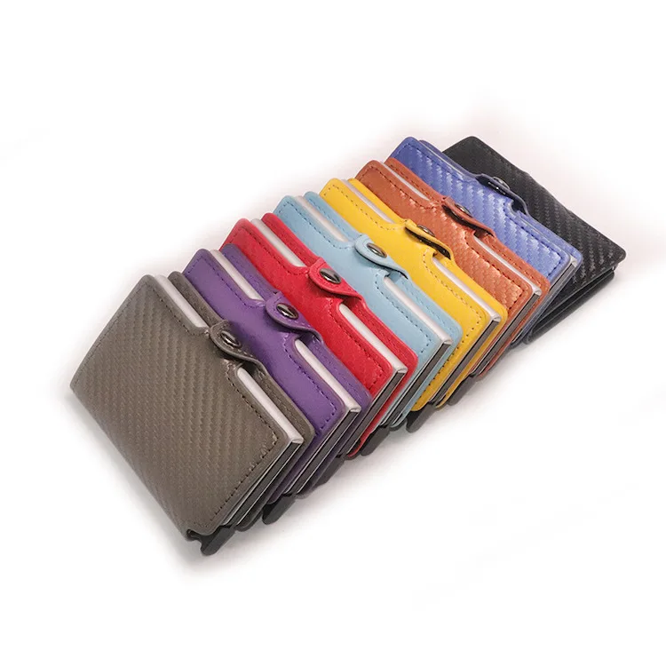 

Slim Compact Minimalist Wallet Pop-Up Card Holder PU-Leather RFID Blocking Vintage Aluminum Business Wallet Carbon Fiber Style, Black, grey, orange, red, blue, purple, yellow, royal blue