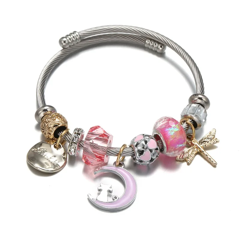 

stainless steel pink girl moon cat pendant charm bracelet blue sky see series shell charm bead bracelet assessories, Mixed