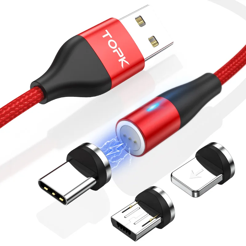 

Free Shipping TOPK AM60 3A Fast Charging LED Magnetic Micro USB Type C Cable, Black/red