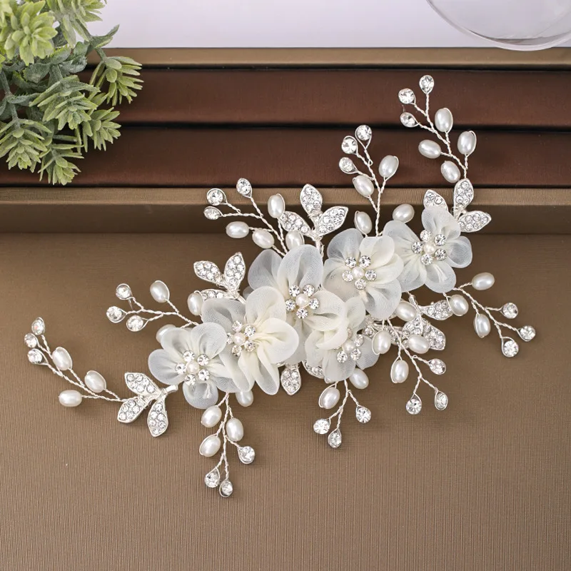 

Pretty Fairy Chiffon Flower Crystal Wedding Hair Clip Accessories Silver Leaves Jewelry Headpiece Bridal Hair Clips