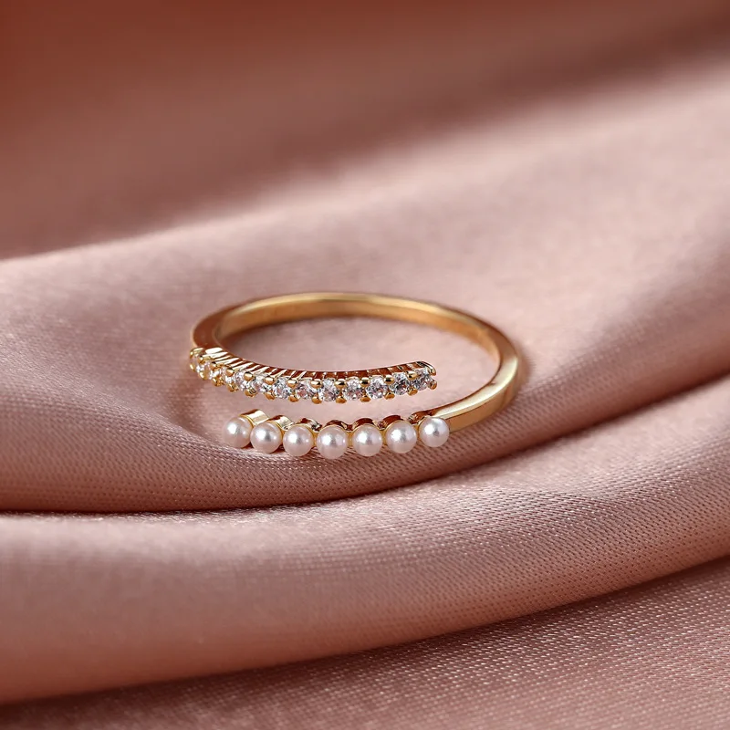 

New Arrival Minimalist Jewelry Baroque Pearl Rhinestone Open Ring Gold Plated Adjustable Zircon Pearl Ring, Golden