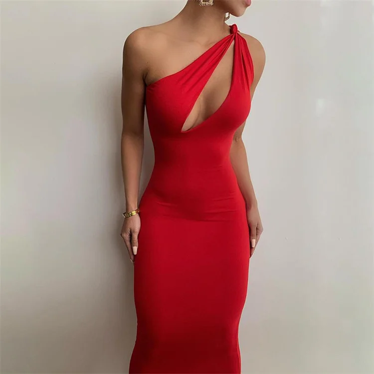 

INS 2021 summer new women's fashion oblique shoulder sexy hollow slim dress women, Customized color