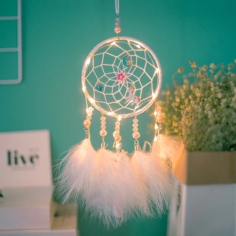 

Girl Heart Dream Catcher Unicorn Handmade Hanging Decoration Craft Creative Gift Car Pendant Bedroom Decoration Bead Feather, White