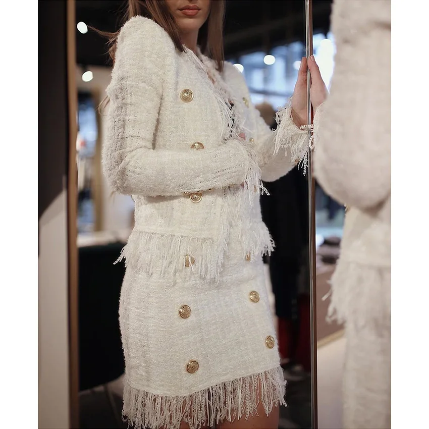 Guangzhou Auyan Woman Hot Style Fringed Wool Tweed Jacket With Whisker Edge Woman Ladies White Suit Clothes