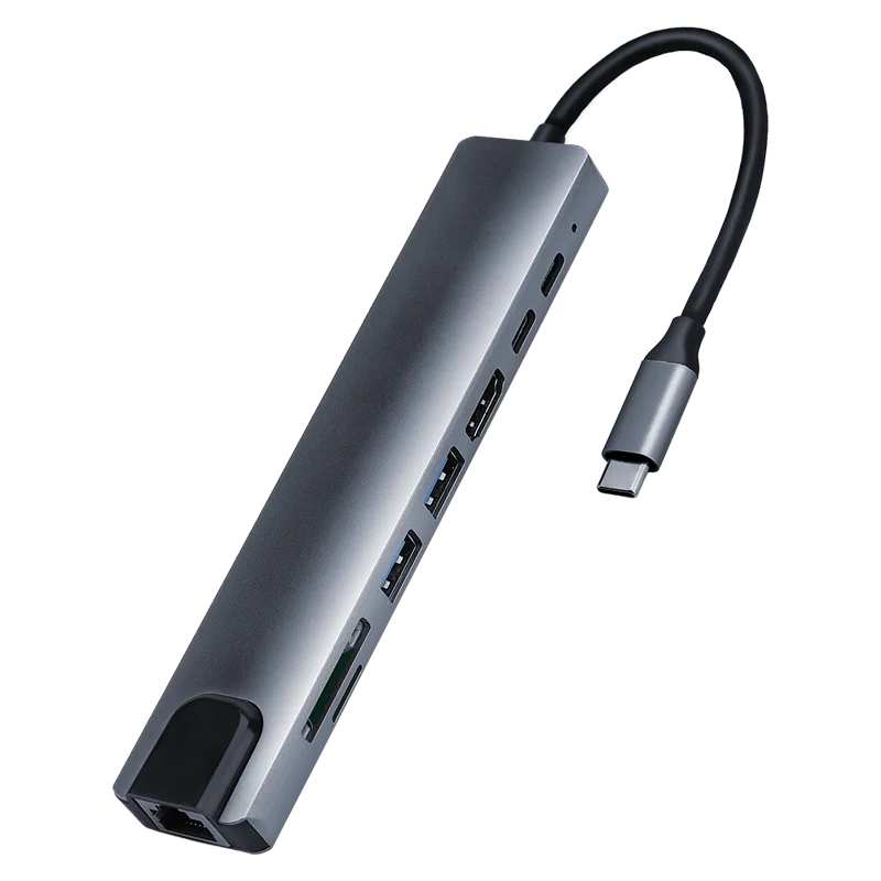 

USB C Hub 8 in 1 with 4K HDMI+Gigabit Ethernet+USB 3.0+USB-C+SD/TF Card port multifunction type-c hub Adapter, Balck/sliver