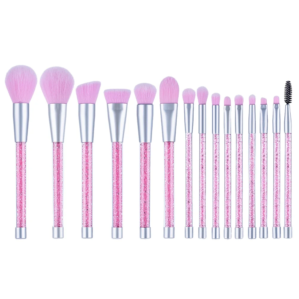 

15PCS 2021 Hot Selling customized logo wholesale Foundation Flat Powder Blush Brush Custom Label crystal Makeup Brush set, Black pink