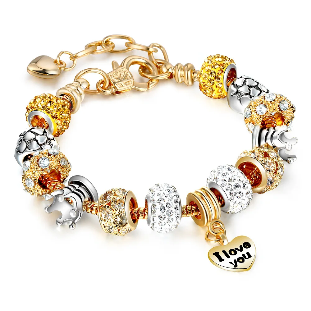 

Best Selling Gold Plating Crystal Crown Heart Charm Bracelet Rhinestone Zirconia Heart Charm Bracelet For Women