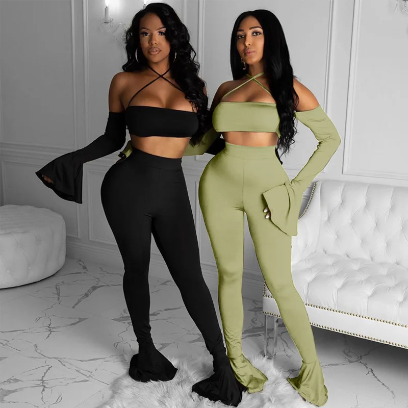 

2021 NEW Autumn Outfit Flare Sleeve Off Shoulder Halter Crop Top Maxi Pants Outfits Women Sexy Clubwear Two Piece Pant Sets, Black,green