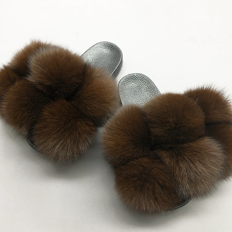 

Brown chocolate color big furry real fox pom pom fur slippers, Customized color