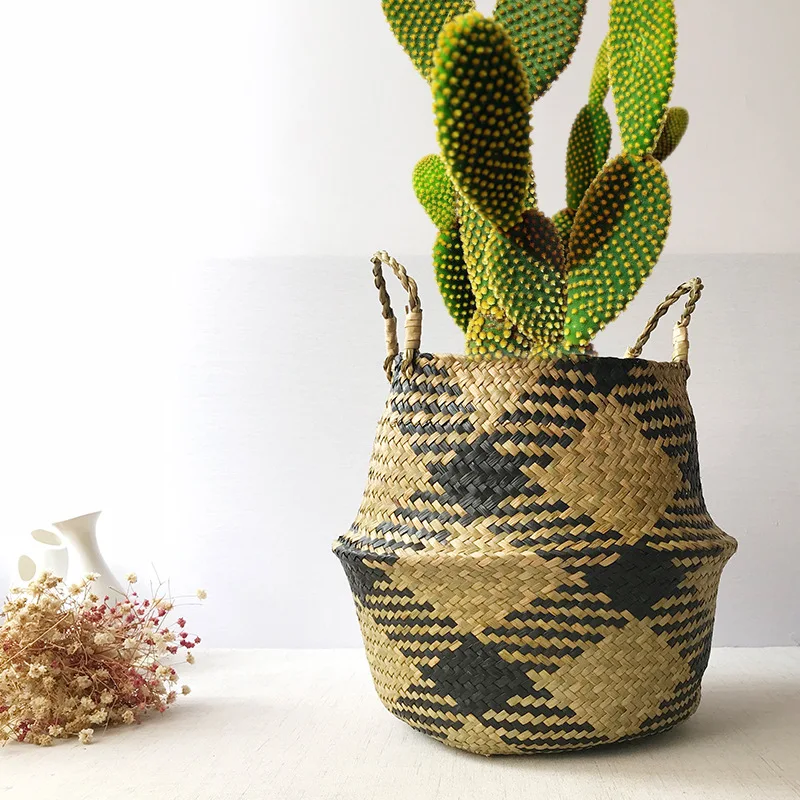 

A3056 Woven rattan straw Planter check Flower Pot ornaments Fruit folding Basket Kitchen Storage Garden bamboo Flower baskets, 4 colors