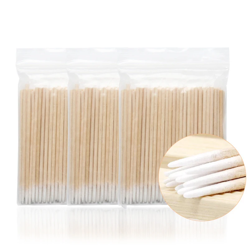

300pcs Disposable Ultra-small Cotton Swab Lint Free Micro Brushes Wood Cotton Buds Swabs Eyelash Extension Glue Removing Tools, White cotton+natural wood color