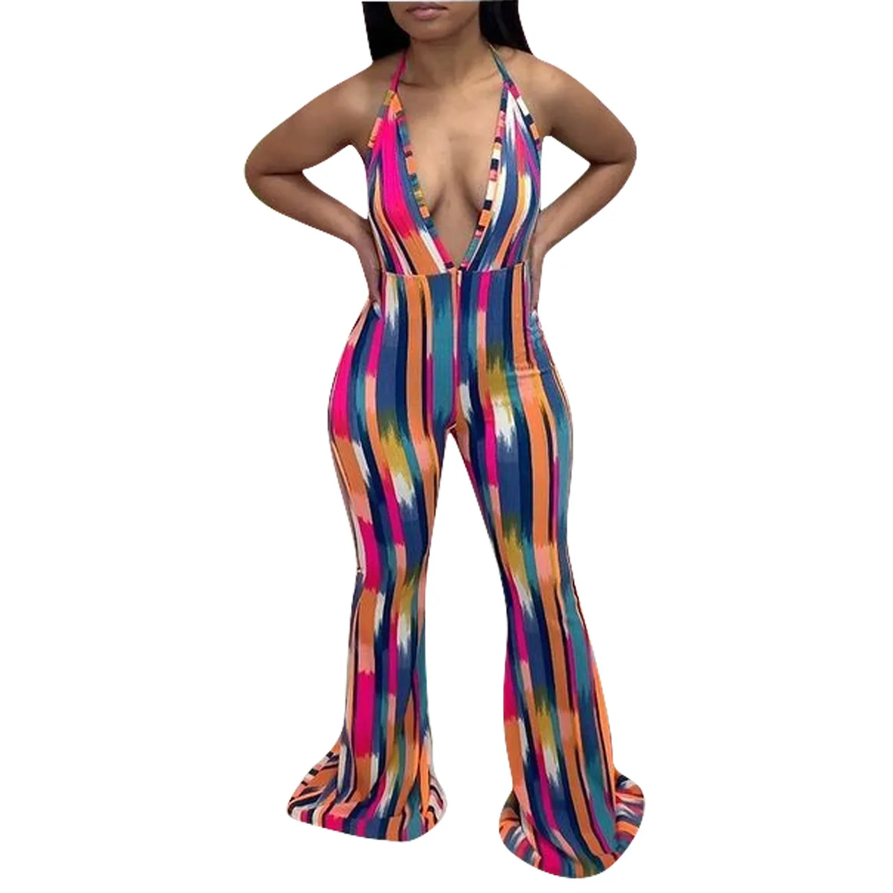 

2021 Summer Women Sexy Jumpsuit Deep V-Neck Drawstring Backless Sleeveless Flared Pants Tie Dye Striped One Piece Jumpsuit