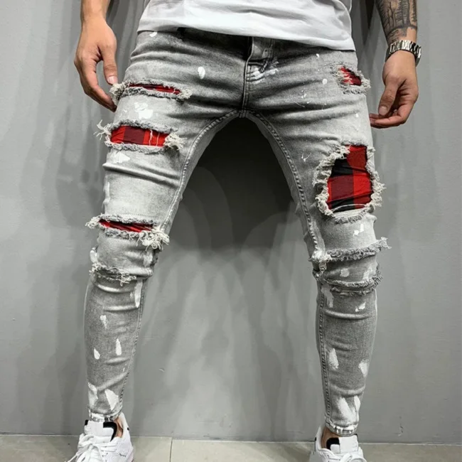 

New Italy Style Men's Distressed Destroyed Badge Pants Art Patches Skinny Biker White Jeans Slim Trousers