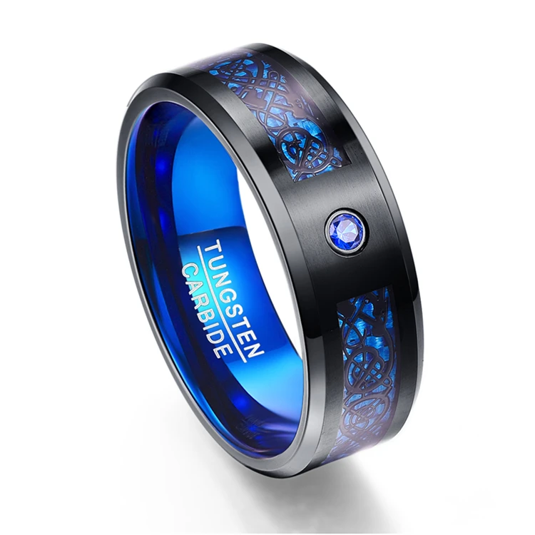 

Mens Wedding Ring Dragon Ring Tungsten Carbide Ring With Blue Opal And Black Dragon Inlay