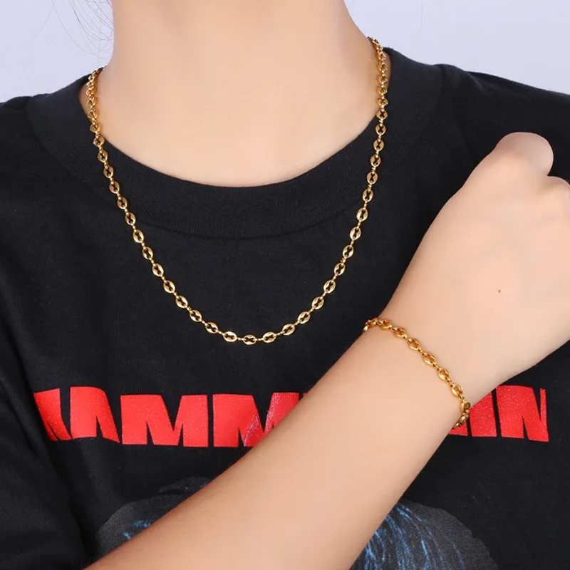 

5mm 18K Gold Plating 316L Stainless Steel Coffee Bean Link Chain Necklace For Women Men