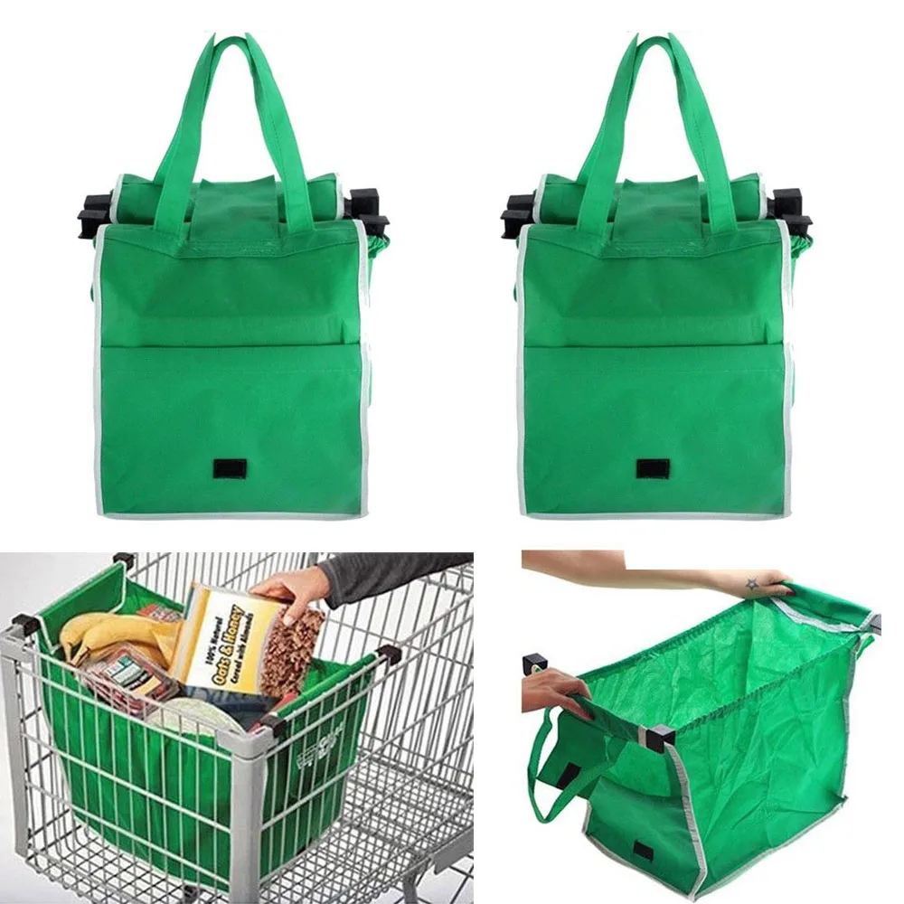 

2pcs/1pcs Large Capacity Foldable Cart Green Reusable Shopping Tote Folding Pouch Trolley Storage Bags Handbags