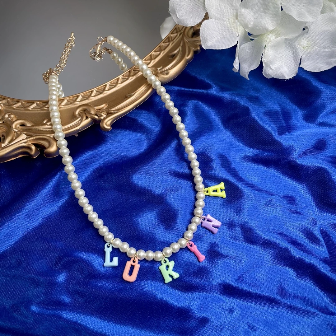 

New Fashion trendy pearl necklace with DIY colorful Acrylic letters and adjustable Handmade necklace