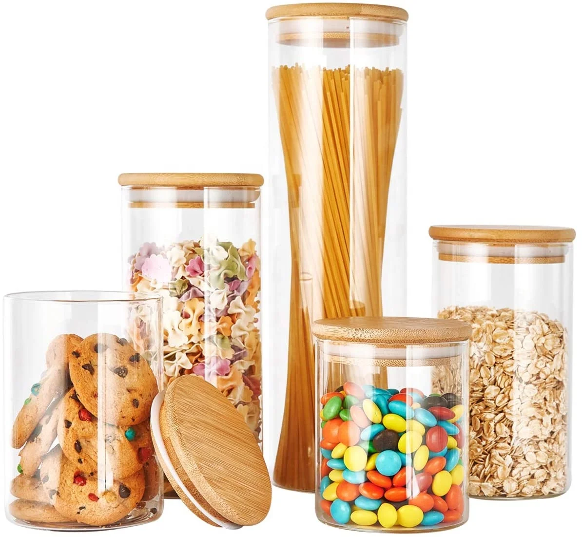 

Glass Material and Eco-Friendly Feature borosilicate glass storage jar with bamboo press lid, Transparent