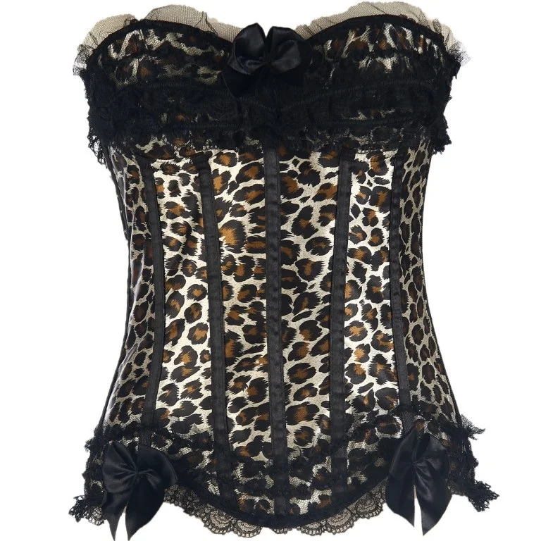 

Women leopard print bow Bustiers Sexy Corset grenadine zipper corset top bustiers 12 Root Bone Glue Bustier With T Panty, Black