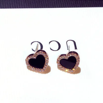 

JuHu Engagement Enamel Heart-shaped Girl Rose Gold Color Summer Jewelry Black Wedding Gift 925 Silver Earrings