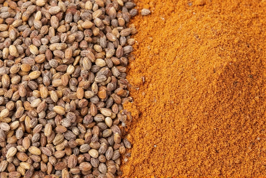 Close-up photograph of whole cumin seeds and ground cumin side by side showing texture difference