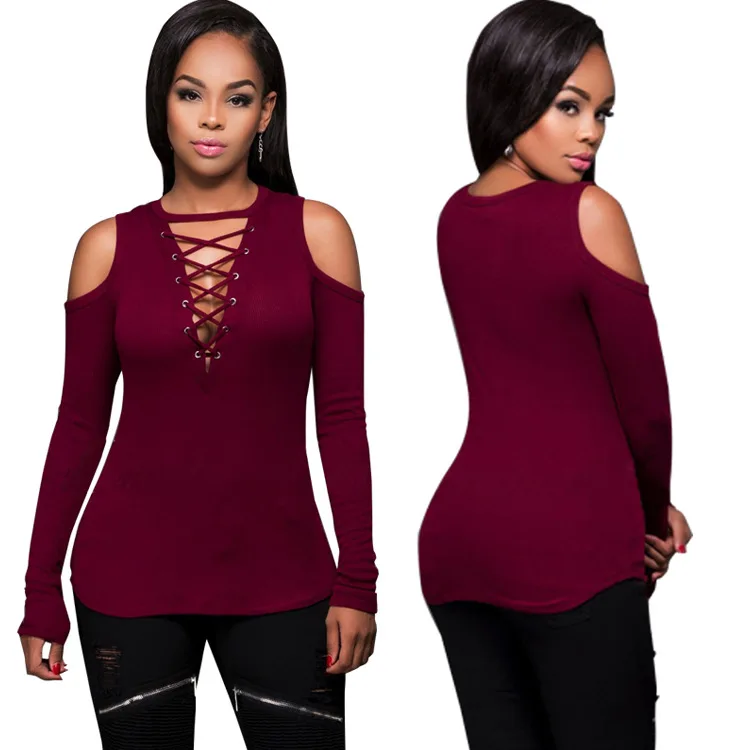 

WW-0860 Off-the-shoulder hollow-out bind long-sleeved T-shirt coat offshoulder clubwear sexy tops t shirt women long sleeve, Customized color