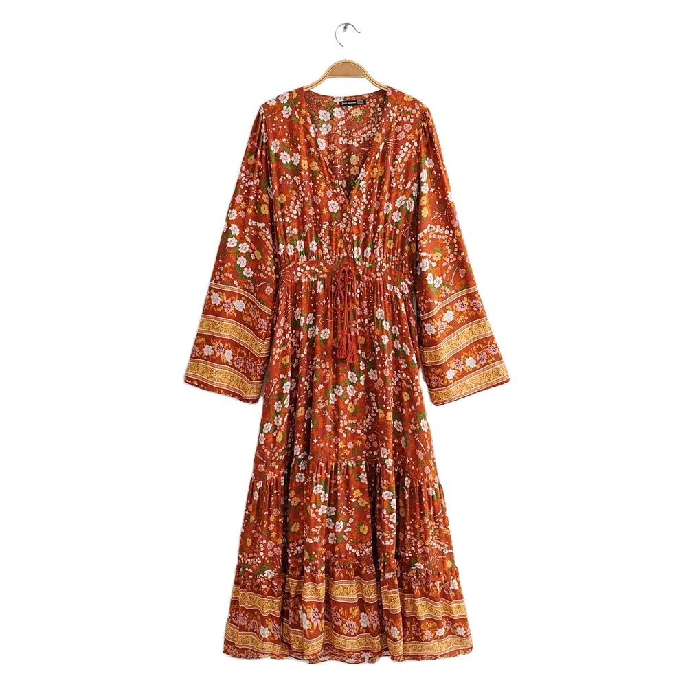 

2022 European and American bohemian floral dress ethnic style waist v neck dress artistic womens skirt, Customized color