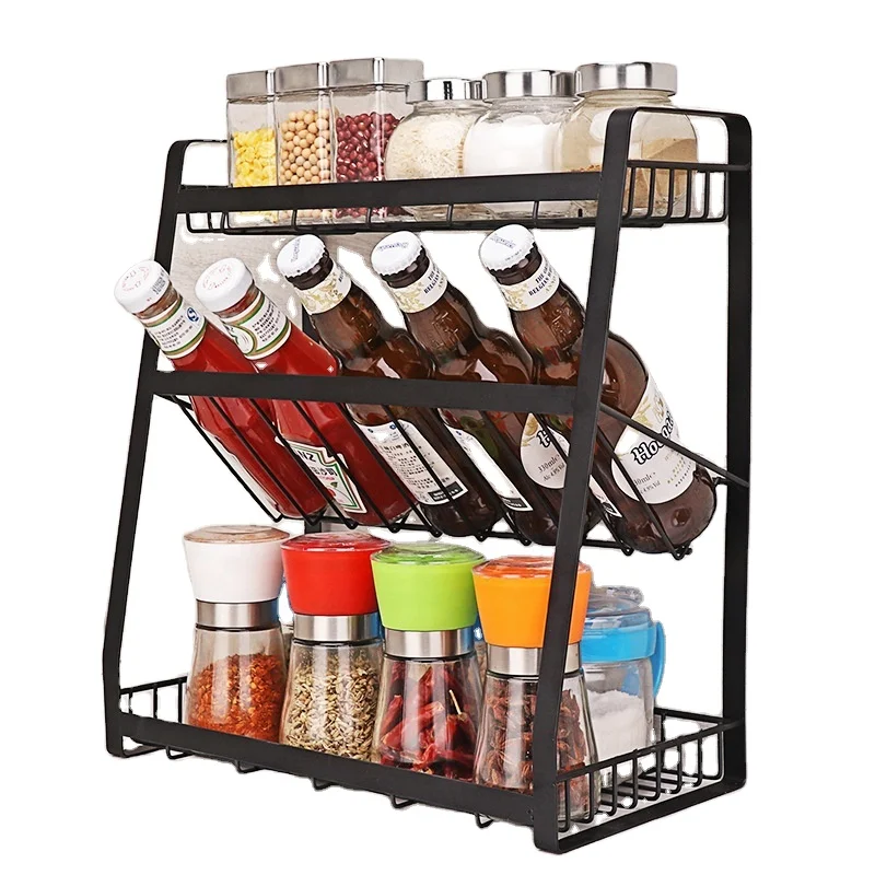 

Tiktok Hot sale multifunctional creative three layers,practical kitchen spice rack seasonings organizer,seasoning rack, Black