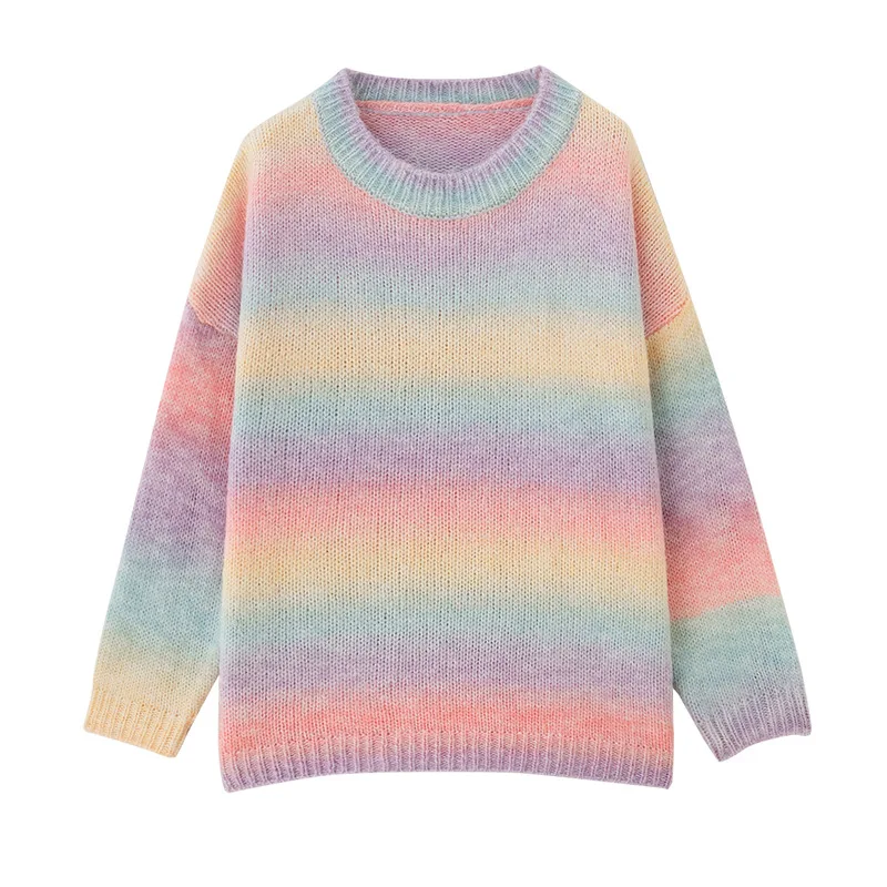 

Japanese Color Sweater Women Loose-fitting Sleeve Rainbow Striped Lazy Knit Sweater Warm Outside
