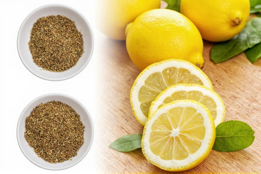 Homemade lemon pepper seasoning in glass jar with lemon zest and black peppercorns